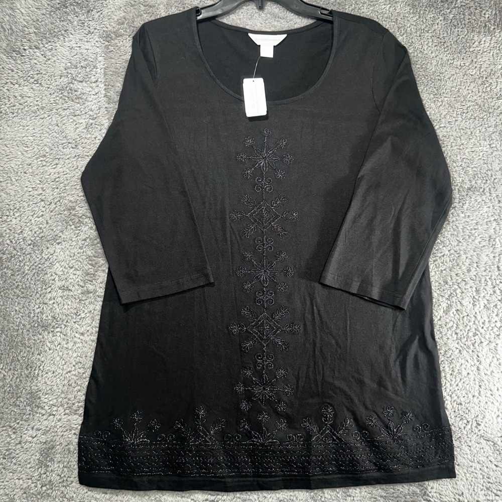 Christopher & Banks Knit Top Womens Medium Black Beaded Embroidered 3/4 Sleeve